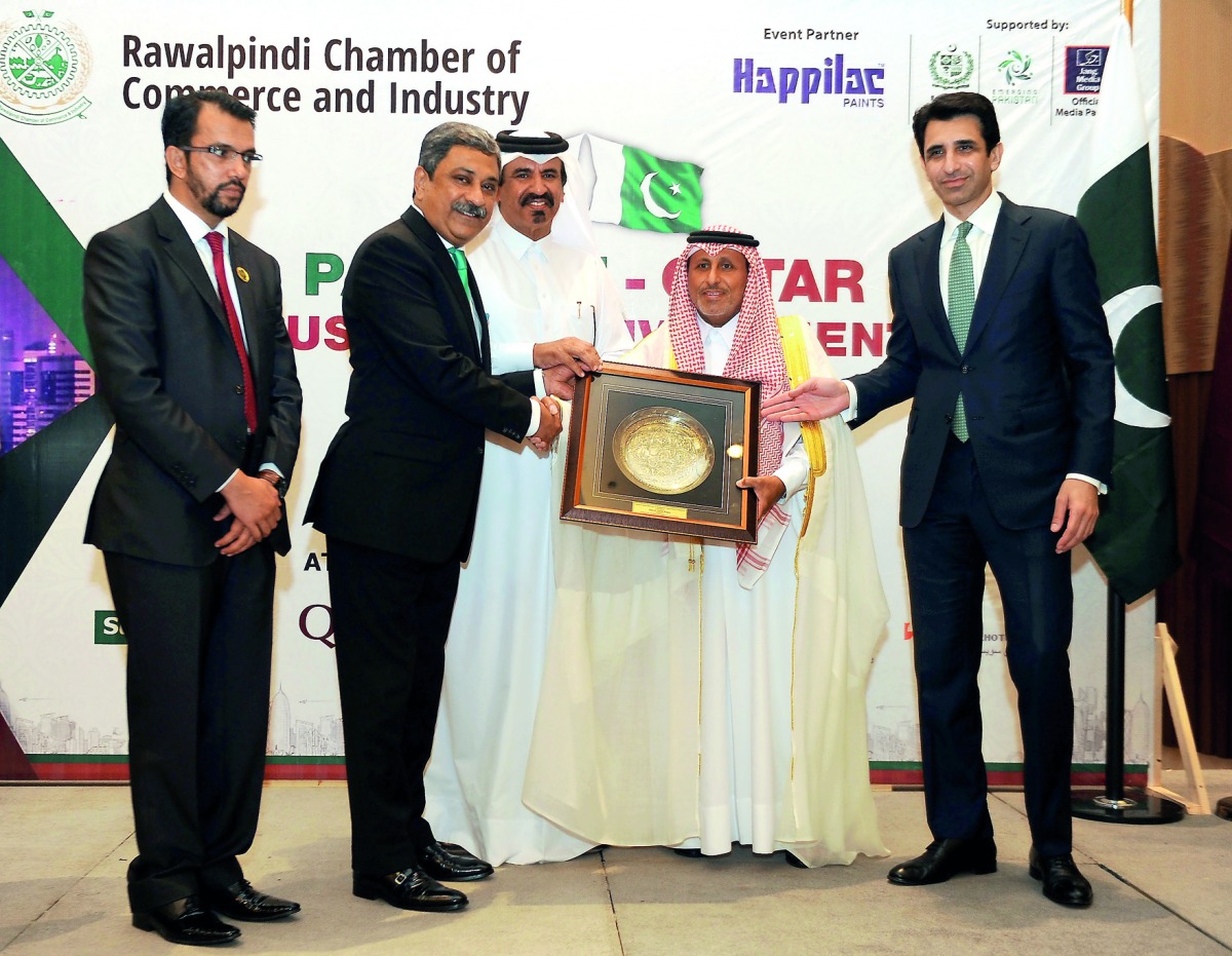 Shahzad Ahmad (right), Ambassador of Pakistan to Qatar; with Mohamed bin Ahmad bin Towar Al Kuwari (centre) Vice-Chairman, Qatar Chamber; Zahid Latif Khan (second left), President, RCCI; and other officials at the Pakistan - Qatar Business & Investment Op