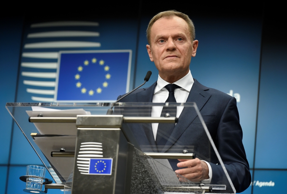 European Council Council Donald Tusk holds a joint press conference with the European Commission President after an informal meeting of the 27 EU heads of state or government at the European Council headquarters in Brussels on February 23, 2018. AFP / JOH