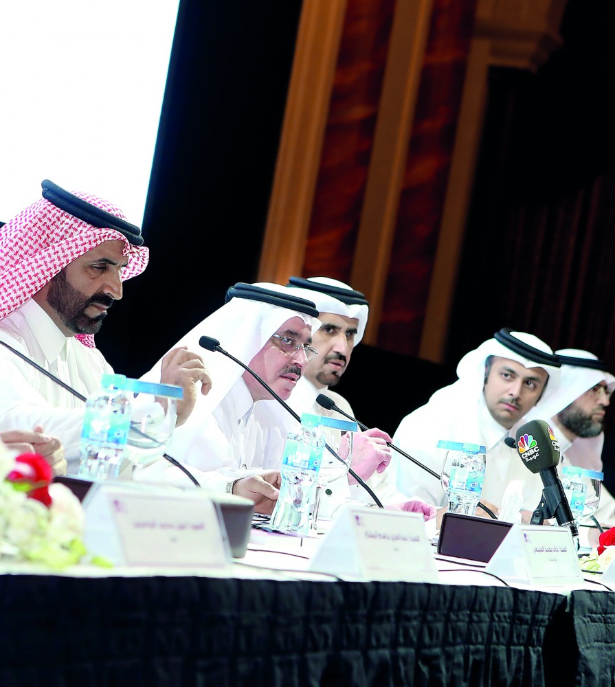 Chairman of the Board of Directors of Mesaieed Petrochemical Holding Company (MPHC) Ahmad Saif Al Sulaiti (second left) and other Board Members at the company’s Annual General Assembly, held at La Cigale Hotel Doha, yesterday.