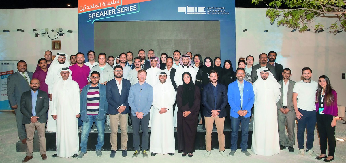Abdulaziz bin Nasser Al Khalifa, Qatar Development Bank CEO and QBIC Chairman(sixth left, front row);  Aysha Al Mudahka, QBIC CEO (centre, front row); and Charles Adler (fifth left), co-founder of Kickstarter, with participants at the Speaker Series sessi