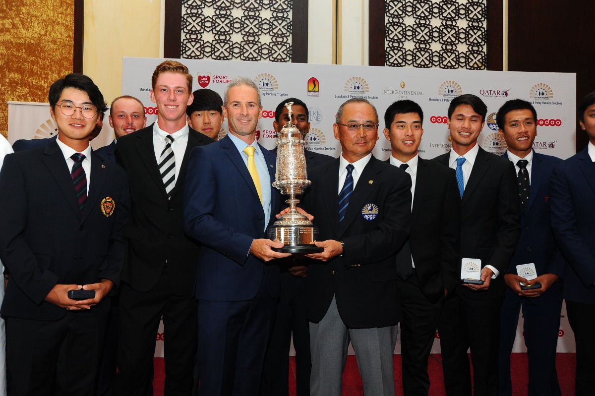 Asia-Pacific winners of the Bonallack and Patsy Hankins trophies pose for a picture at Doha Golf Club.