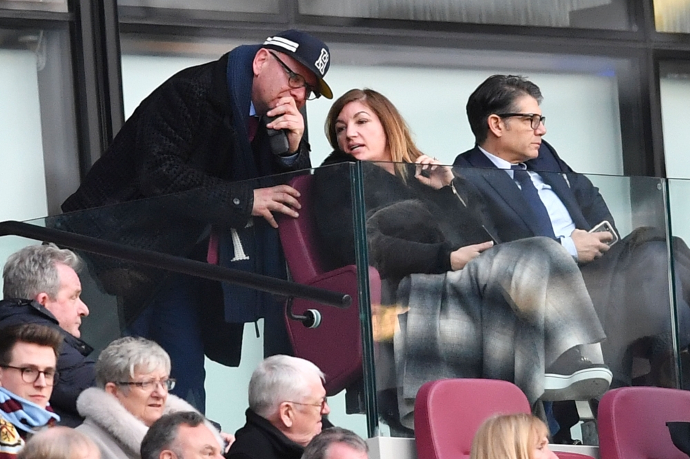 West Ham United's Vice-Chairman Karren Brady (C) is seen in the crowd during the English Premier League football match between West Ham United and Burnley at The London Stadium, in east London on March 10, 2018. / AFP / Ben STANSALL  
