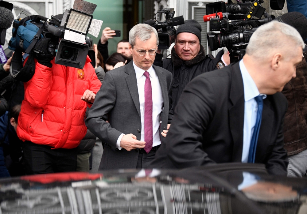 British ambassador Laurie Bristow leaves the Russian Foreign Ministry headquarters in Moscow on March 13, 2018. AFP / Alexander NEMENOV
