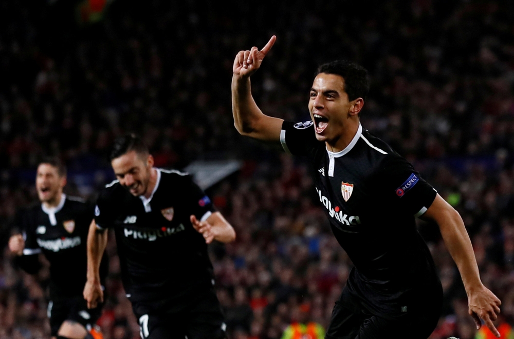 Sevilla’s Wissam Ben Yedder celebrates scoring a goal. Champions League Round of 16 Second Leg - Manchester United vs Sevilla - Old Trafford, Manchester, Britain, March 13, 2018. Action Images via Reuters/Jason Cairnduff 

