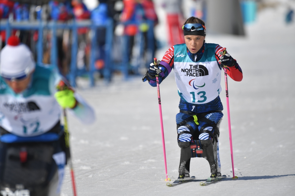 Oksana Masters of the US competes during the Women's 10km Sitting biathlon event at the Alpensia Biathlon Centre of the Pyeongchang Winter Paralympic Games, in Pyeongchang on March 13, 2018. AFP / Ed JONES