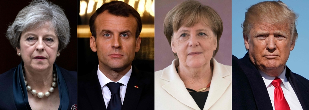 This combination of pictures created on March 15, 2018 shows on March 5, 2018 France's President Emmanuel Macron, on March 14, 2018 German Chancellor Angela Merkel, on January 18, 2018 US President Donald Trump and on November 1, 2017 Britain's Prime Mini