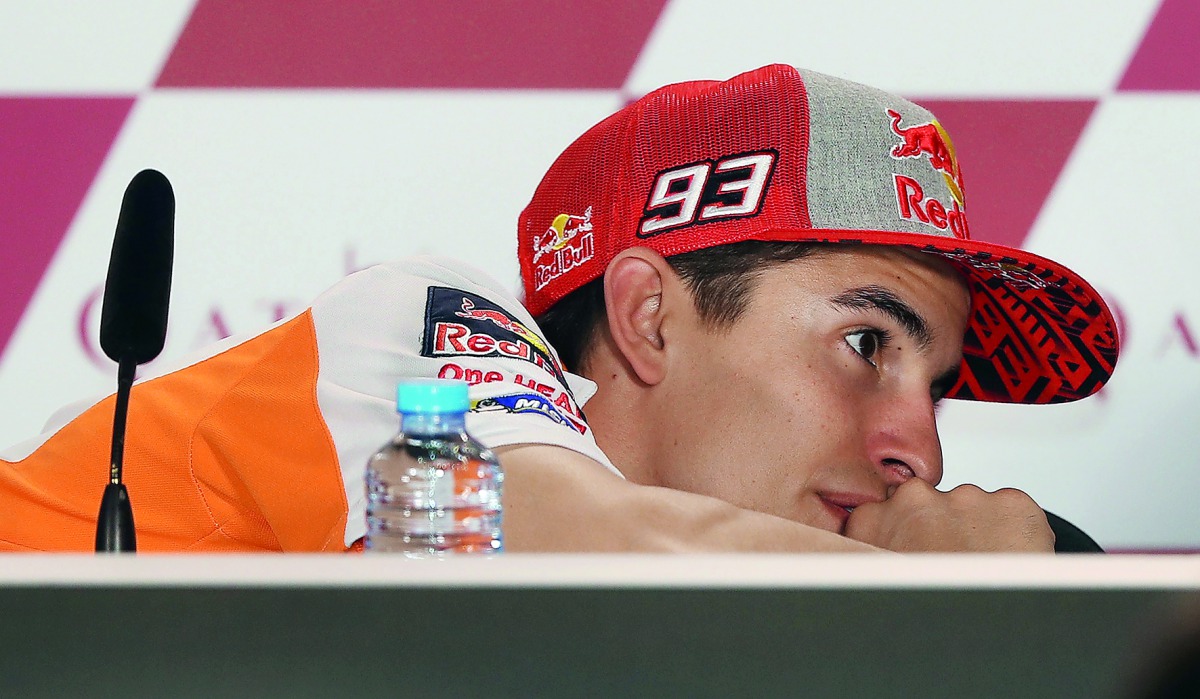 Repsol Honda’s Spanish driver Marc Marquez attends a press conference at the Losail International Circuit ahead of the Qatar Grand Prix yesterday. 