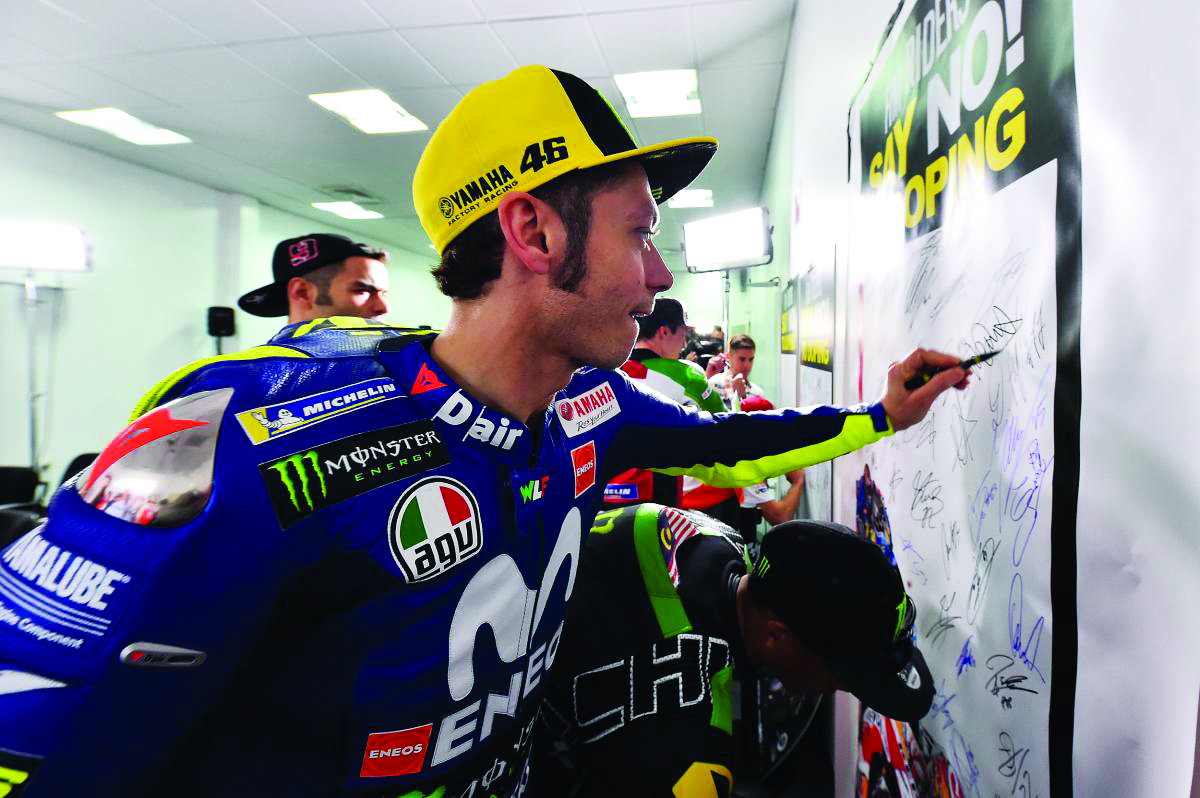 MotoGP rider Valentino Rossi takes part in the 2018 FIM “Say No! to Doping” campaign at Losail International Circuit (LIC) yesterday.