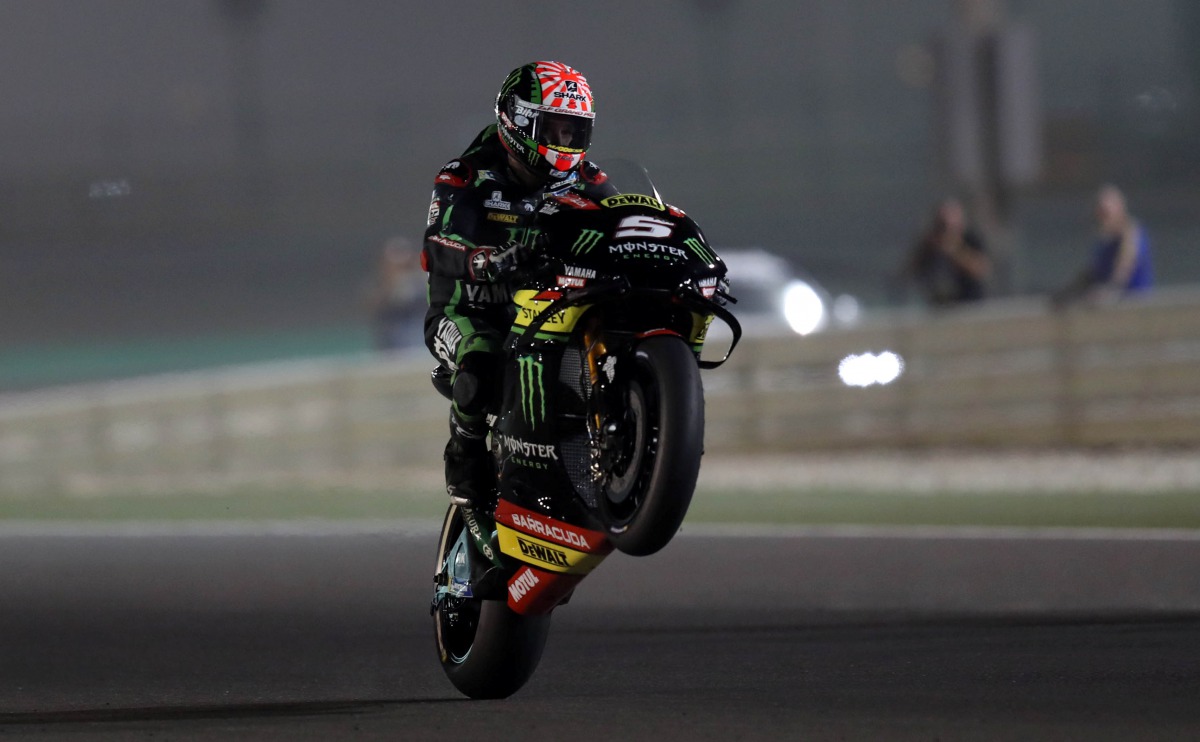 Monster Yamaha Tech 3 rider Johann Zarco of France does a wheelie during the qualifying session of the Qatar Grand Prix at Losail International Circuit yesterday.
