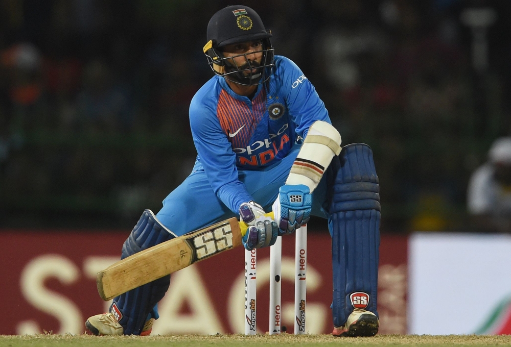 Indian cricketer Dinesh Karthik plays a shot during the final Nidahas Twenty20 Tri-Series international cricket match between India and Bangladesh at the R. Premadasa stadium in Colombo on March 18, 2018. (AFP / ISHARA S. KODIKARA)