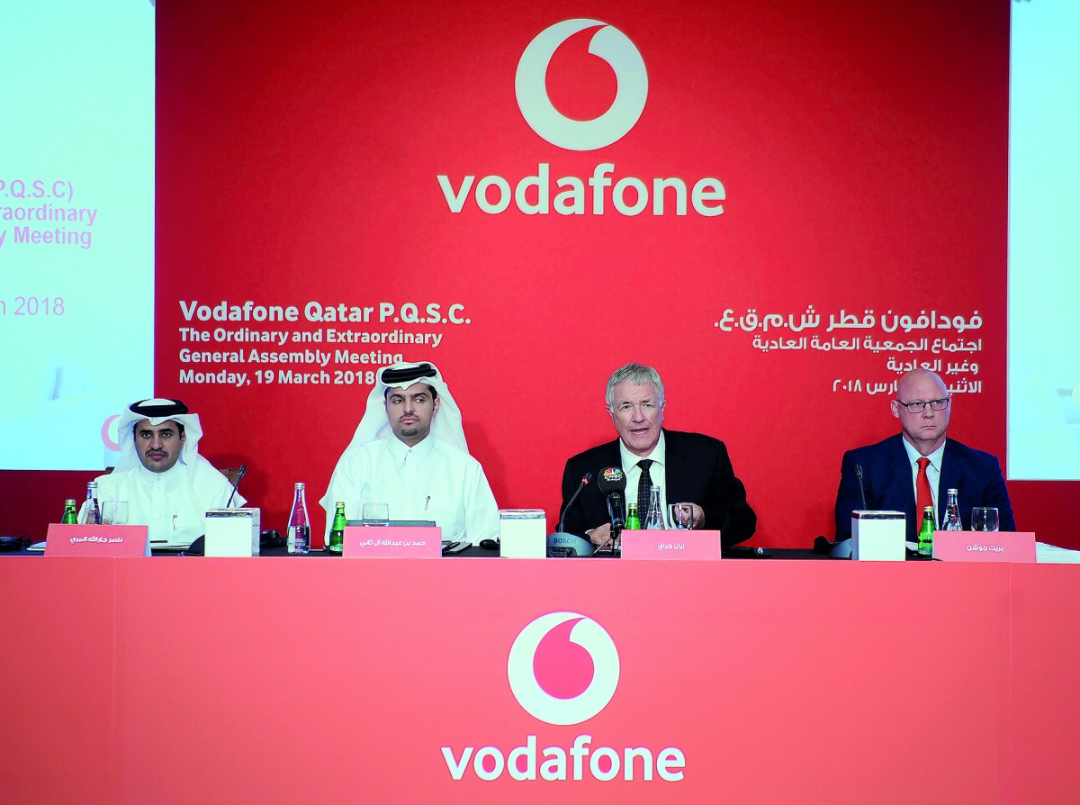 Ian Gray (second right), outgoing CEO of Vodafone Qatar with Sheikh Hamad bin Abdullah Al Thani, (second left), CEO of Vodafone Qatar; Nasser Al Marri (left), Board Member; and Brett Goschen, Chief Financial Officer, during the Annual General Meeting of V