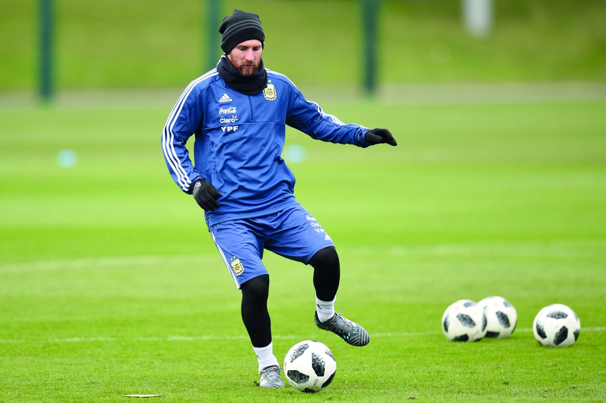 Argentina's forward Lionel Messi participates in a team training session at the City Academy training complex in Manchester, north west England on March 21, 2018 ahead of their March 23 international friendly football match against Italy at the Ethiad Sta