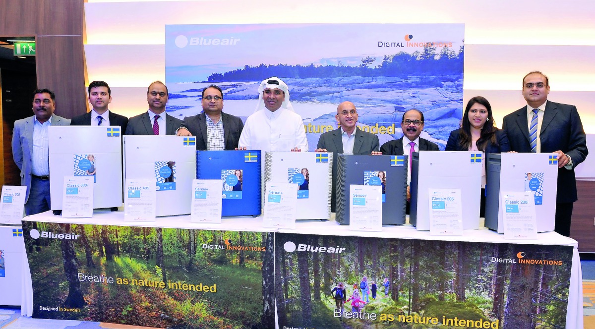 Sajed Jassim Mohammed Sulaiman (centre), Vice-Chairman & Managing Director of Digital Innovation; C V Rappai (third right), Director & CEO, Digital Innovations; Girish Bapat (fourth right), Director — South & West Asia, Blueair; T R Ganesh (fourth left), 