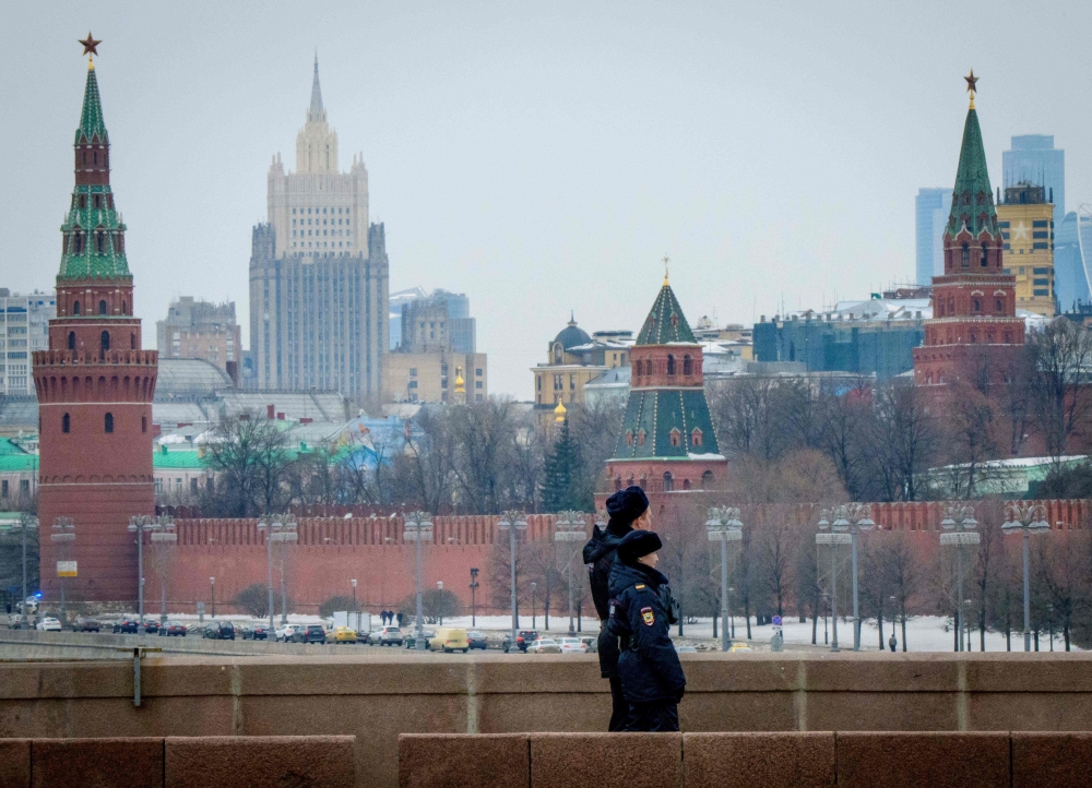 Police officers patrolling outside the Kremlin. AFP file photo.