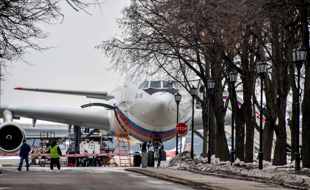 Russian Il-96 jet that brought back 46 Russian diplomats and their family members is seen at the parking place of the Russian Ggvernment airport Vnukovo II in Mosow on April 1, 2018. AFP / Vasily Maximov 