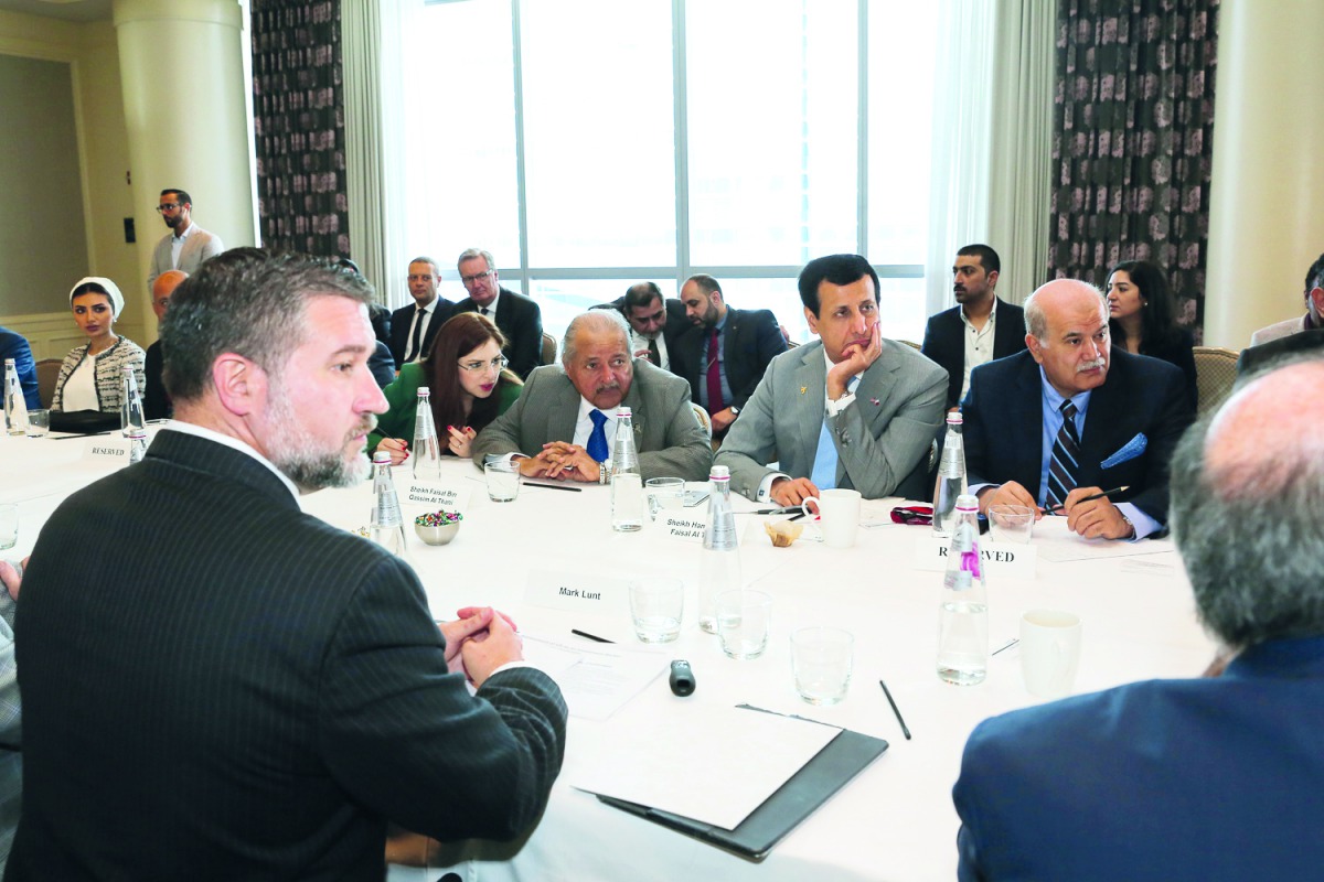 Sheikh Faisal bin Qassim Al Thani (third right), Chairman of the Qatari Businessmen Association, with other officials at one of the roundtable sessions held on the sidelines of Qatar-US Economic Forum.