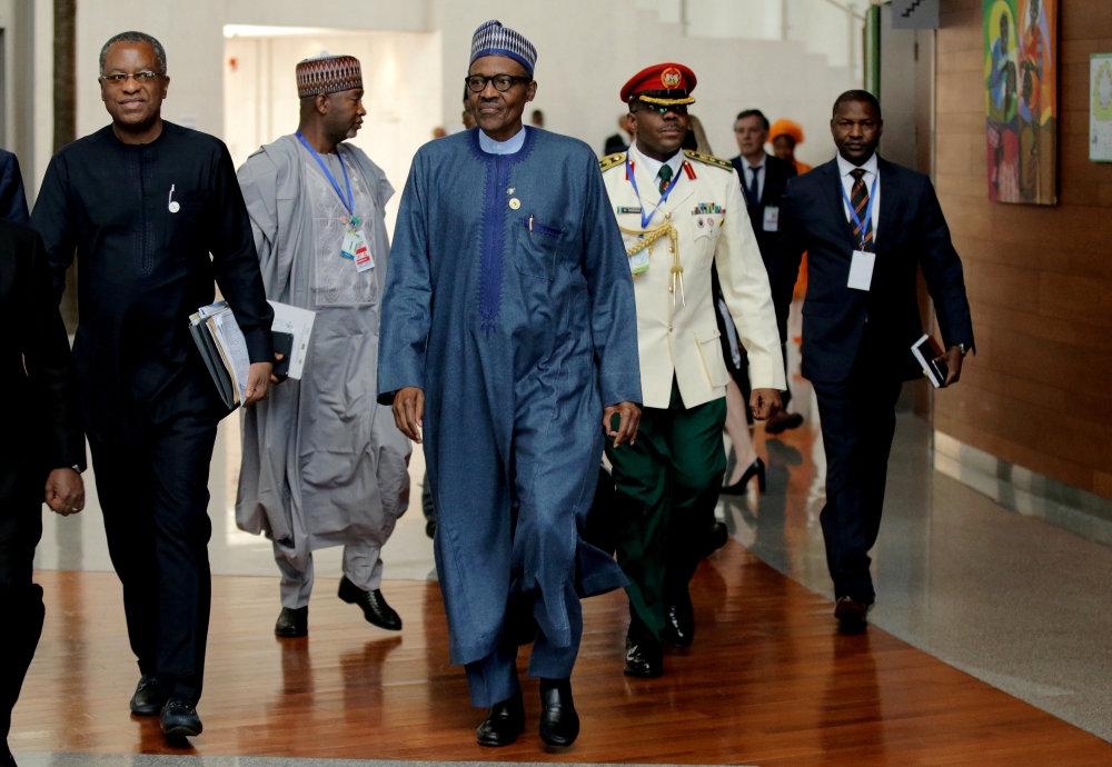 Nigeria's President Muhammadu Buhari arrives for the 30th Ordinary Session of the Assembly of the Heads of State and the Government of the African Union in Addis Ababa, Ethiopia January 28, 2018. REUTERS/Tiksa Negeri/File Photo
