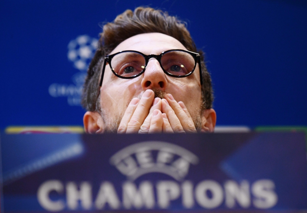 Roma's coach Eusebio Di Francesco gives a press conference at the Olympic Stadium in Rome on April 9, 2018 on the eve of the UEFA Champions League quarter final return football match Roma vs Barcelona. / AFP / FILIPPO MONTEFORTE