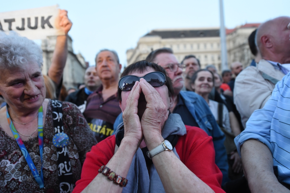 People protest against the policies of Hungarian Prime Minister Viktor Orban's government in last weekend's general election in Budapest, Hungary on April 14, 2018. AFP / Attila Kisbenedek
