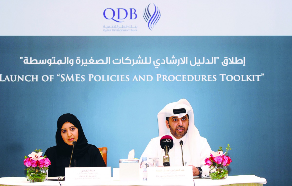 Abdul Aziz bin Nasser Al Khalifa, (right)  CEO of QDB; and Farah Al Kuwari, Statistics and Research Manager at QDB during the launch of SMEs Policies and Procedures ToolKit, yesterday.
Pic: Abdul Basit/The Peninsula