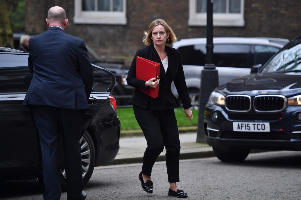Britain's Home Secretary Amber Rudd arrives for an emergency cabinet meeting at 10 Downing street in London on April 12, 2018. AFP / Ben STANSALL