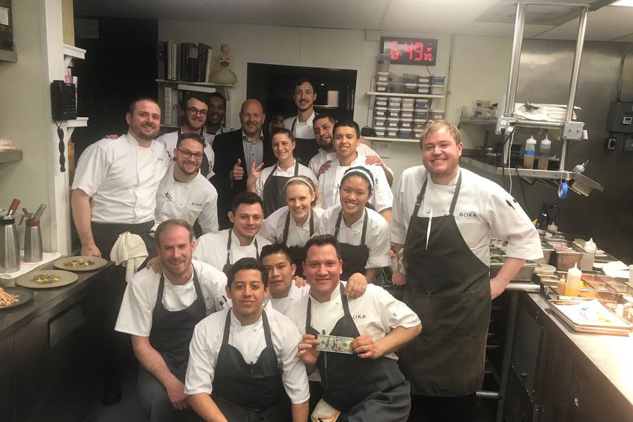 Look at those wide grins from Boka workers after each of the 17 received a $100 tip on Sunday. (Boka Restaurant Group photo) 