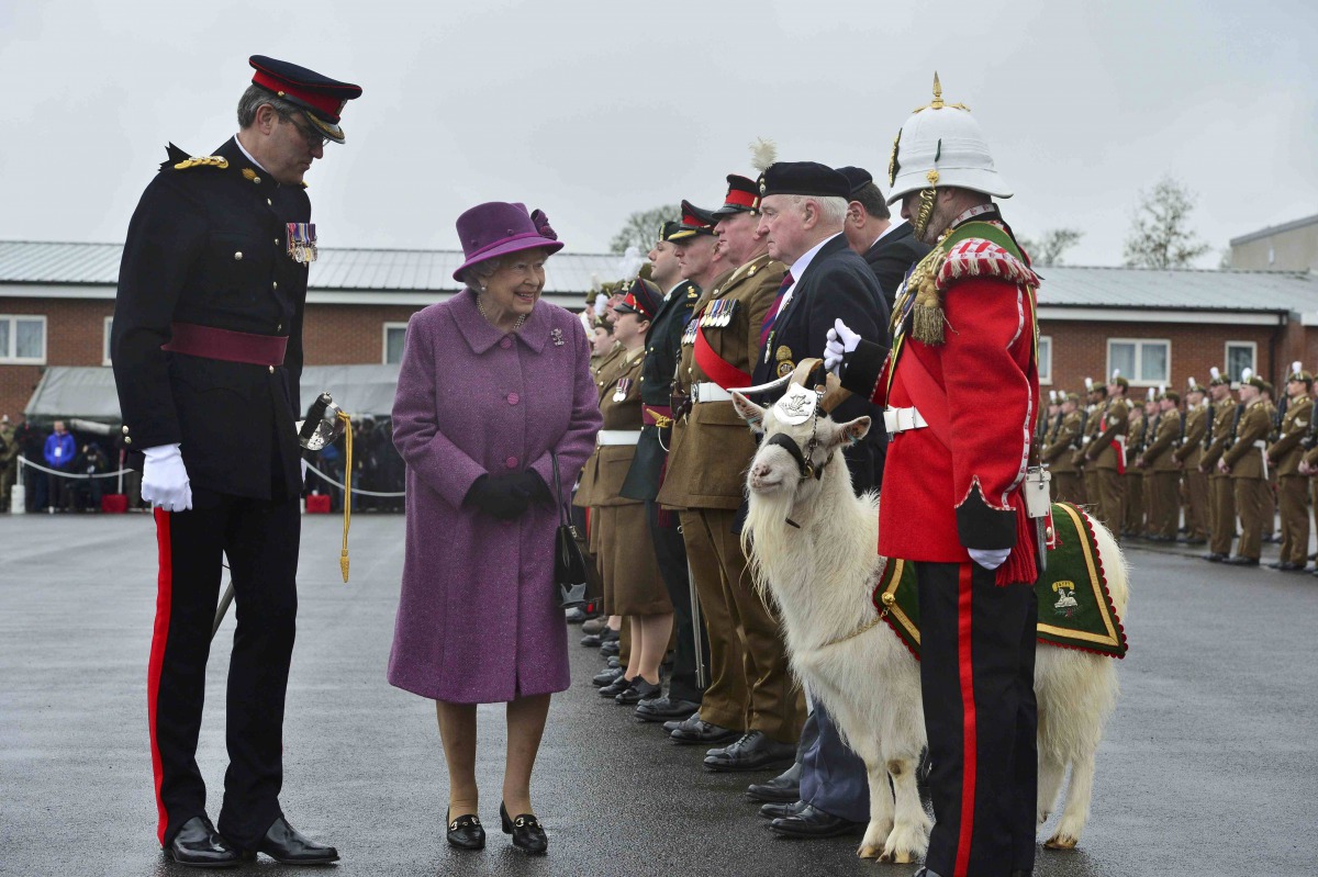 FILE PHOTO: Queen Elizabeth reviews members of The Royal Welsh Regimental Family and one of two regimental goats at Lucknow Barracks during a visit to mark St David's Day in Tidworth, March 3, 2017. (Reuters / Ben Birchall) 