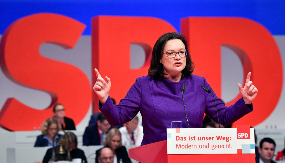 (FILES) This file photo taken on December 08, 2017 shows parliamentary group leader of the Social Democratic Party (SPD), Andrea Nahles addressing delegates during the congress of the SPD in Berlin. AFP / John MACDOUGALL
 