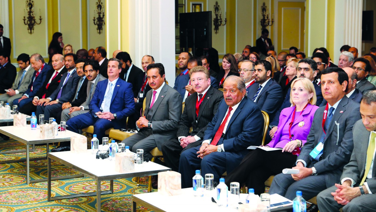 Sheikh Faisal bin Qassim Al Thani (third right), Chairman, QBA; and Sheikh Khalifa bin Jassem Al Thani (fifth right), Chairman, Qatar Chamber; with other officials during one of the sessions of Qatar-US Economic Forum.