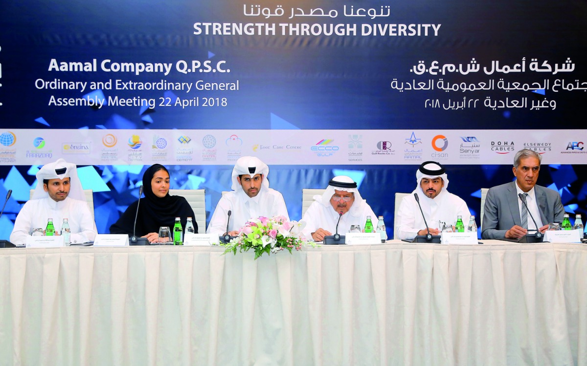 Sheikh Faisal bin Qassim Al Thani (third right), Founder and Chairman, Aamal Company; Sheikh Mohamed bin Faisal Al Thani (third left), Vice Chairman, Aamal and Sheikha Al Jazi bint Faisal Al Thani(second left), Board Member; with other officials and board