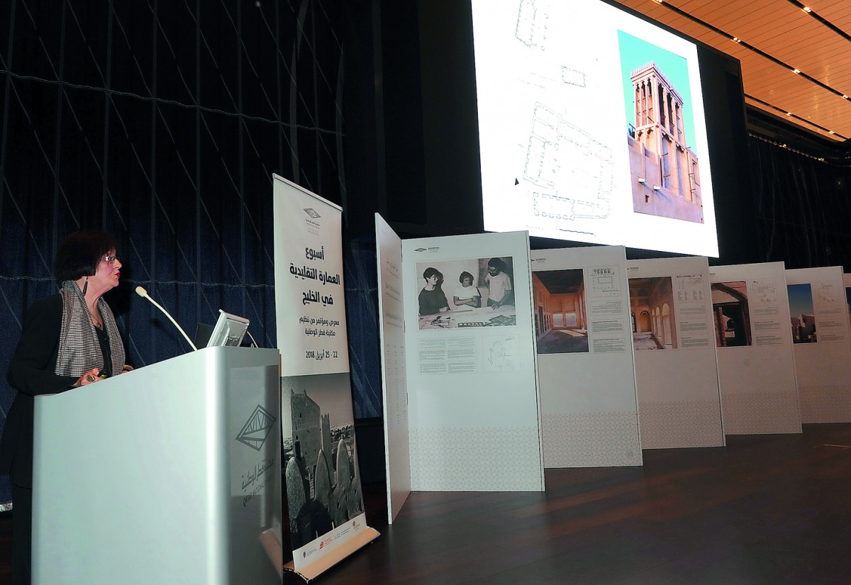 Dr Claire Hardy-Guilbert, a member of the French Archeological Mission in Qatar, speaking on ‘Qatar’s Traditional Architecture,’ during the opening of a photo exhibition held as part of the ‘Traditional Gulf Architecture Week,’ at the Qatar National Libra