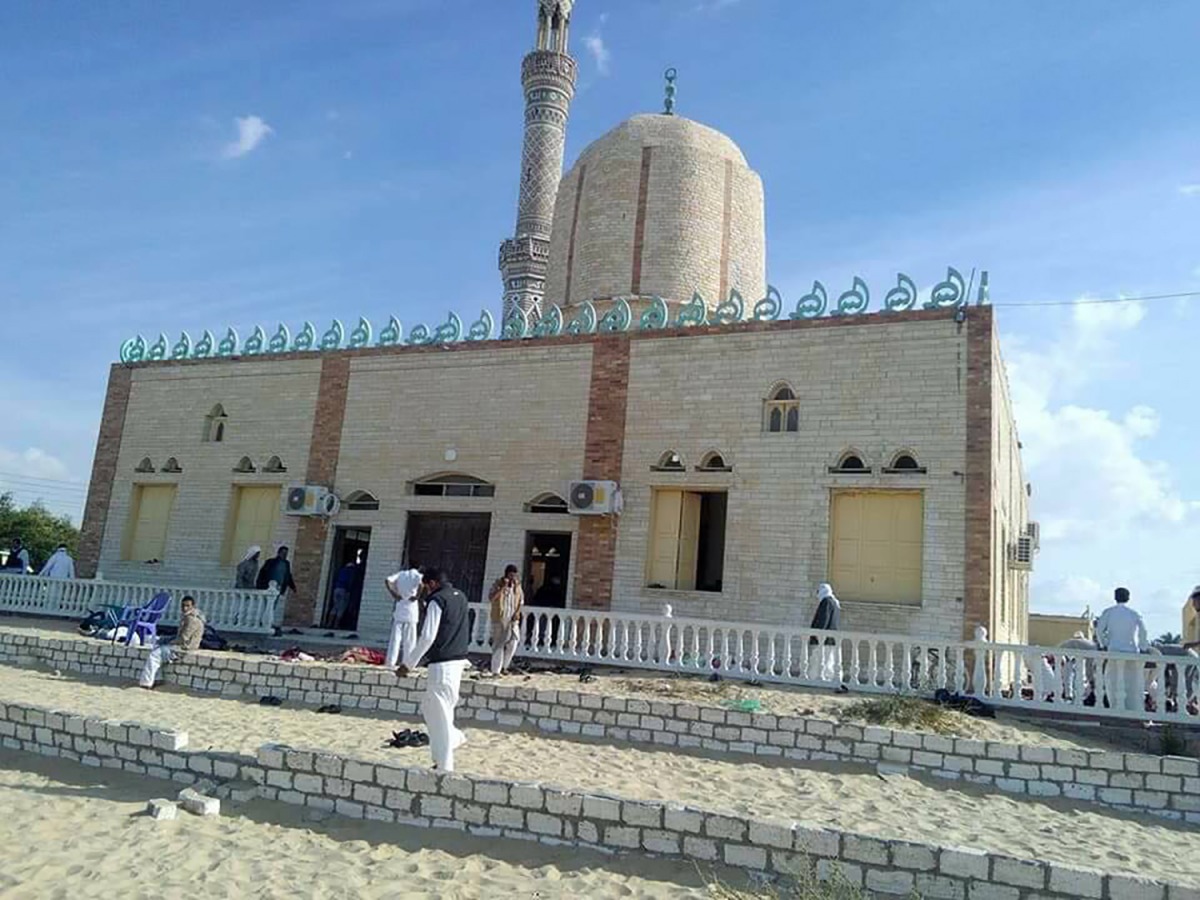 View of the Rawda mosque roughly 40 kilometres west of the North Sinai capital of El-Arish after a gun and bombing attack on November 24 2017 AFP