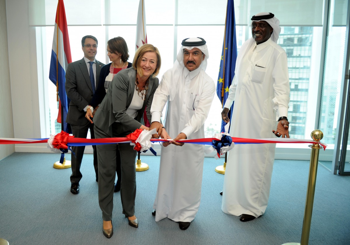 Secretary-General of the Ministry of Foreign Affairs, H E Dr Ahmad Hassan Al Hamadi (centre), and the Secretary-General of the Ministry of Foreign Affairs of the Netherlands, Yoka Brandt (left), at the opening of the new premises of the Embassy of the Net