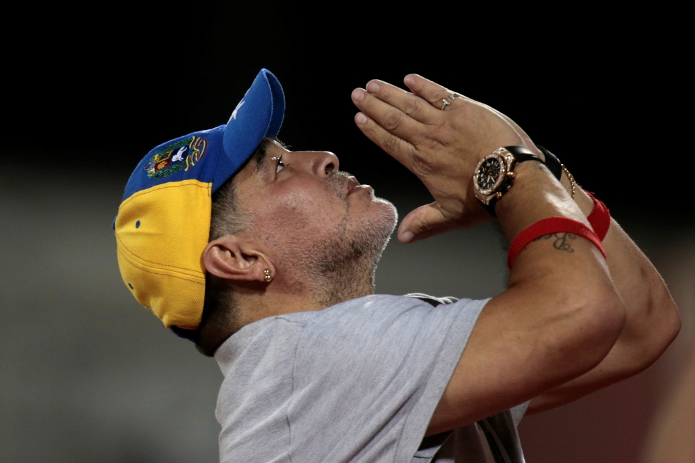 Al Fujairah's manager Diego Maradona of Argentina reacts during the match. REUTERS/Christopher Pike