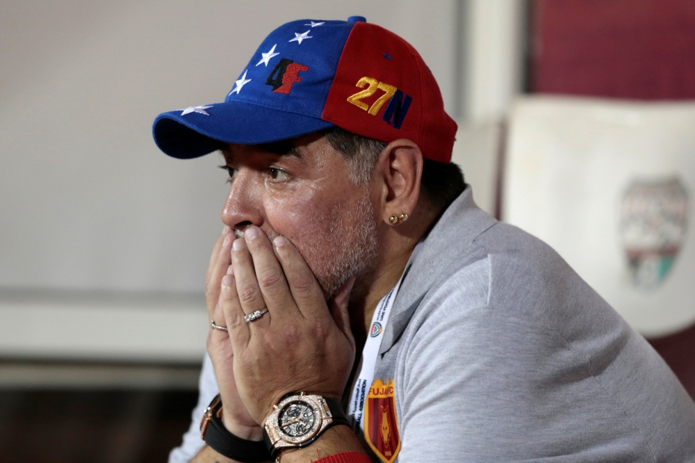 Al Fujairah's manager Diego Maradona reacts after a draw against Khor Fakkan and missing the automatic promotion to the Arabian Gulf League. REUTERS/Christopher Pike