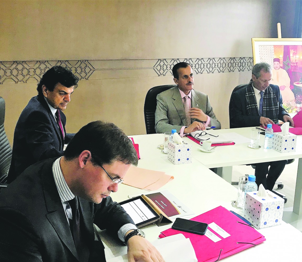Sheikh Dr Khalid bin Thani Al Thani (second right), Chairman of Umnia Bank; the board member Dr Abdulbasit Ahmad Al Shaibei (second left) and other officials attending the ordinary general assembly of the bank in Casablanca. 