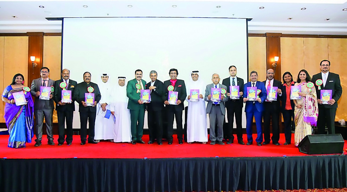 Award-winning Qatari and Indian sports personalities and representatives of  organisations pose for a photograph with Ambassador of India P  Kumaran (centre) during the Indian Sports Centre Sports Excellence Day 2018 held at the Radisson Blu Hotel in Doha