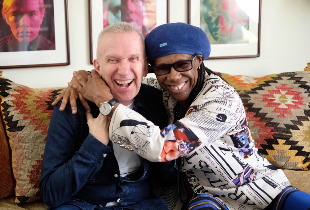 Fashion Designer Jean Paul Gaultier and Record Producer Nile Rodgers pose for a picture on May 3, 2018 in Westport, Connecticut. AFP / ANGELA WEISS 