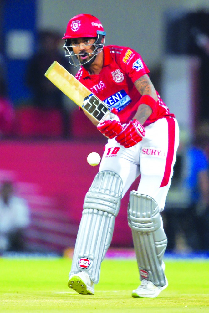 Kings XI Punjab cricketer Lokesh Rahul plays a shot during the 2018 Indian Premier League (IPL) Twenty20 cricket match between Kings XI Punjab and Mumbai Indians at the Holkar Cricket Stadium in Indore on May 4, 2018. AFP / Indranil Mukherjee