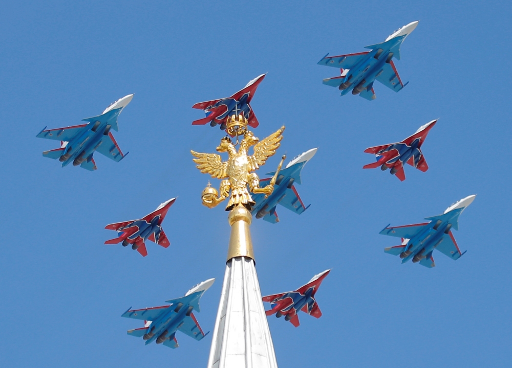 Russian army MiG-29 jet fighters of the Strizhi (Swifts) and Su-30 jet fighters of the Russkiye Vityazi (Russian Knights) aerobatic teams fly in formation during the Victory Day parade, marking the 73rd anniversary of the victory over Nazi Germany in Worl