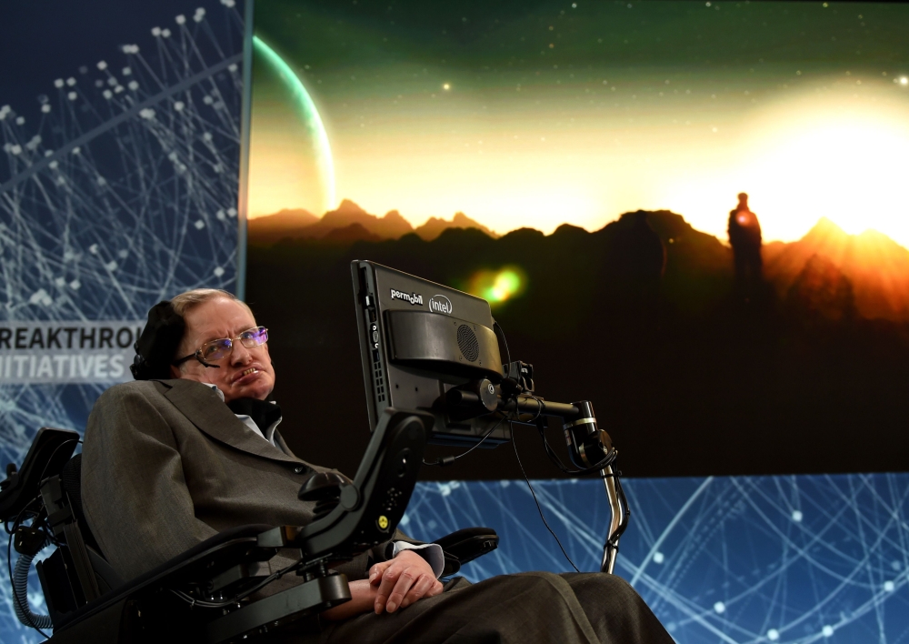 (FILES) In this file photo taken on April 12, 2016 renowned cosmologist Professor Stephen Hawking attends a press conference at One World Observatory in New York, to announce a new breakthrough initiative focusing on space exploration and the search for l