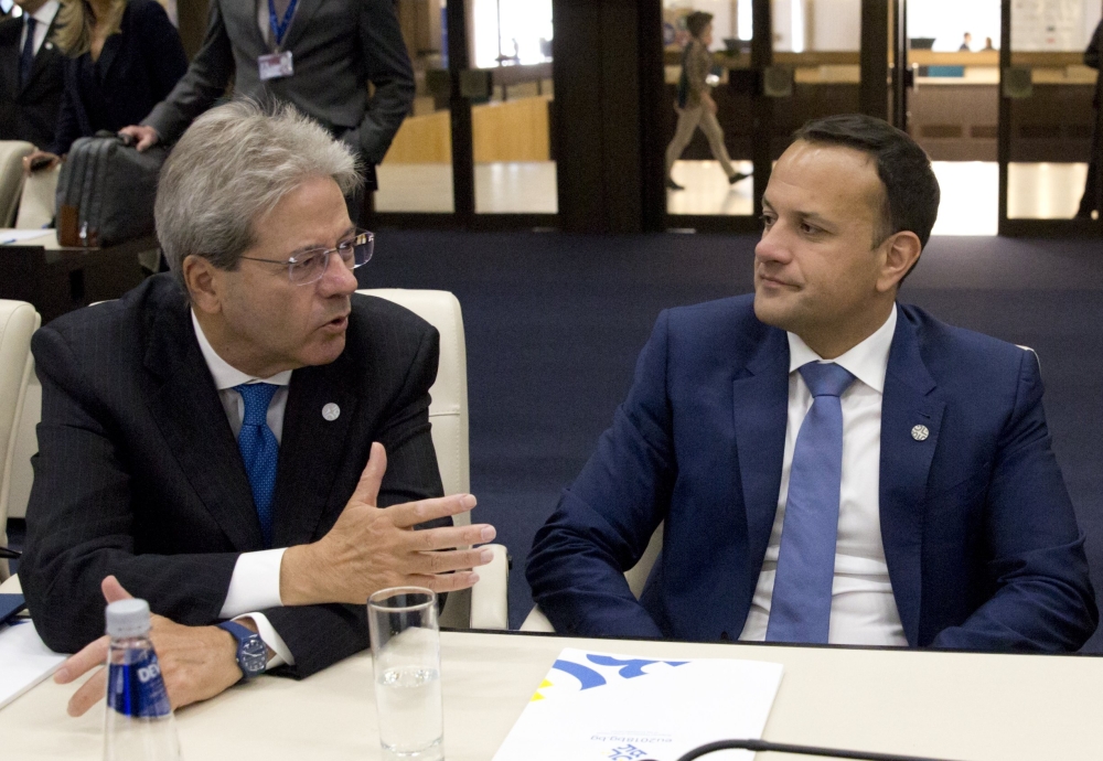 Italian Prime Minister Paolo Gentiloni and Ireland's Prime Minister Leo Varadkar during a round table meeting at the EU-Western Balkans Summit in Sofia, Bulgaria, May 17, 2018. Virginia Mayo/Pool via Reuters
