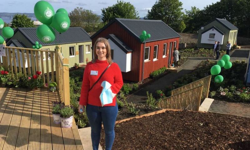 Dana McCulloch, 27,who is homeless herself, at the opening of a village built for the homeless by Social Bite, a chain of cafes in Scotland where she works 17th May 2018 (Thomson Reuters Foundation/Lee Mannion)