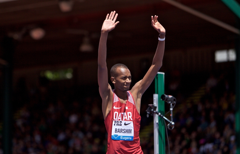 Mutaz Essa Barshim of Qatar waves to the crowd after winning the men's high jump during the 2018 Prefontaine Classic at Hayward Field on May 26, 2018 in Eugene, Oregon. Craig Mitchelldyer/Getty Images/AFP