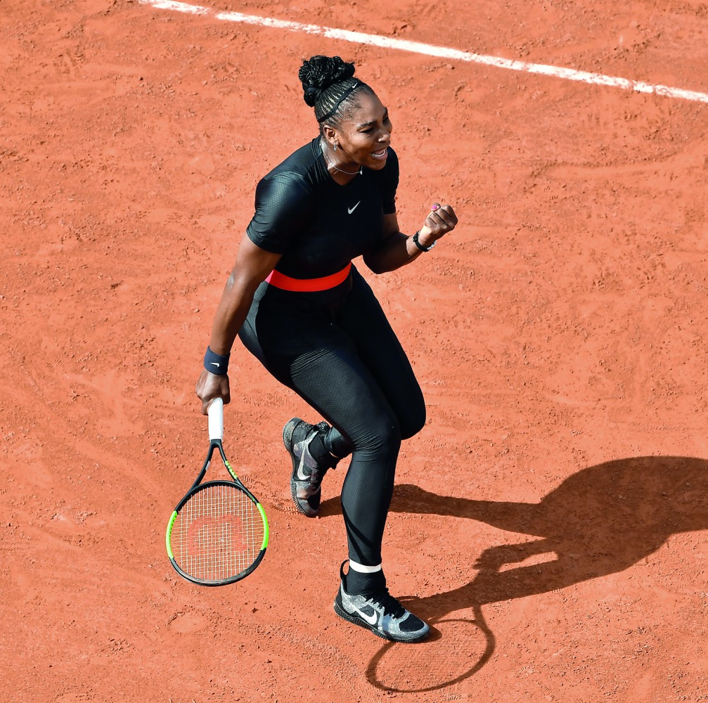 Serena Williams of the USA in action against Kristyna Pliskova (not seen) of Czech Republic during their first round match at the French Open tennis tournament at Roland Garros Stadium in Paris, France on May 29, 2018. (Mustafa Yalç?n/Anadolu Agency)   