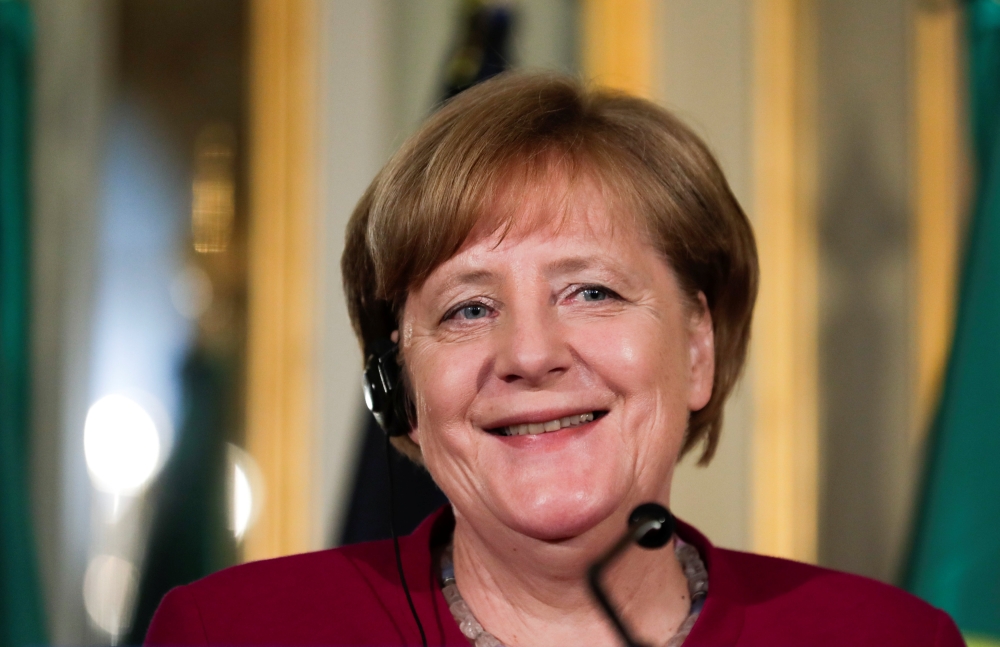 German Chancellor Angela Merkel looks smiles during a news conference with Portugal's Prime Minister Antonio Costa in Lisbon, Portugal, May 31 2018. REUTERS/Rafael Marchante