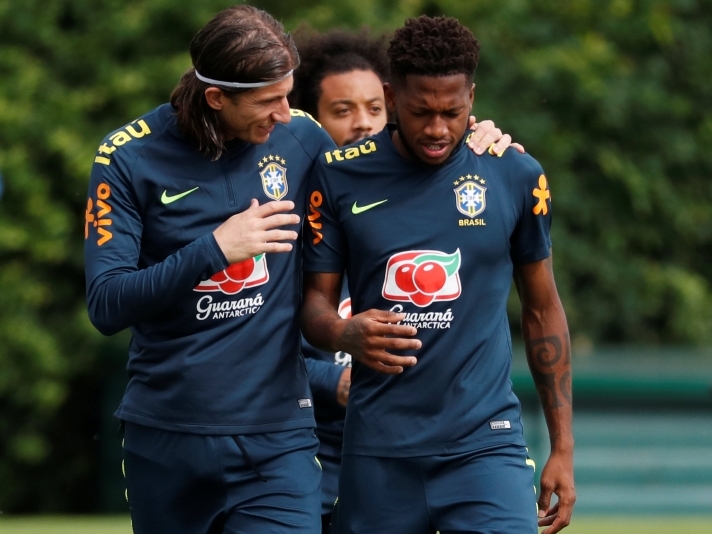 Brazil's Filipe Luis and Fred during training (Action Images via Reuters/Matthew Childs)
