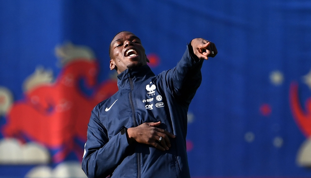 France's midfielder Paul Pogba gestures during a training session at the Glebovets Stadium in Istra, some 70 km west of Moscow, on June , 2018, ahead of the Russia 2018 World Cup football tournament. / AFP / FRANCK FIFE
