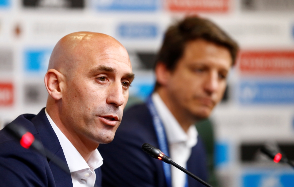 Spanish football president Luis Rubiales during the press conference. Reuters/Stringer