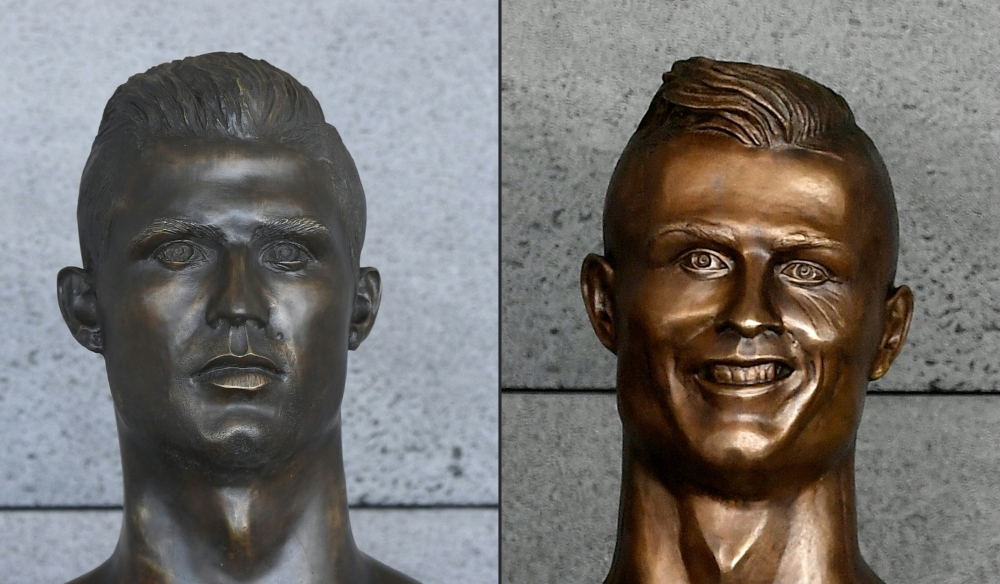 This combination of pictures created on June 18, 2018 shows a new bust representing Portuguese footballer Cristiano Ronaldo (L) pictured at Cristiano Ronaldo International Airport in Funchal, on Madeira island, on June 18, 2018 and the old bust representi